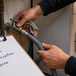 Lave linge branchement : mains raccordant arrivée d’eau, checklist fuite et évacuation