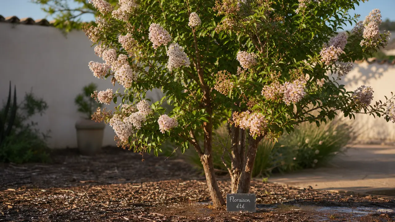 Lila des indes floraison : panicules blanc-rose dans une cour