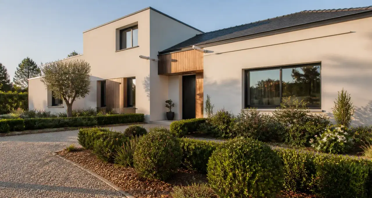 Maison moderne avec façade bois et jardin paysager, valorisation immobilière