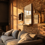 Mur en brique rouge pour un style loft moderne, salon au golden hour