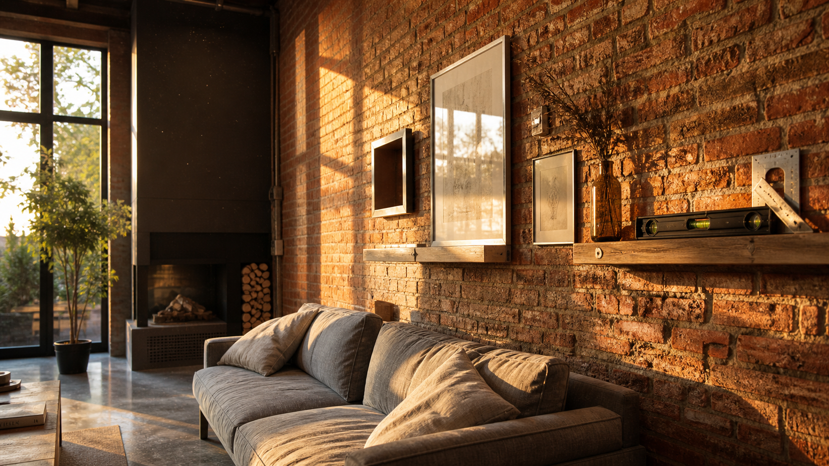 Mur en brique rouge pour un style loft moderne, salon au golden hour
