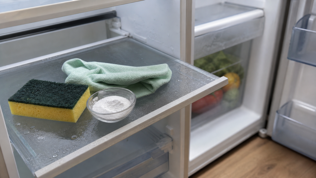 Nettoyer frigo sans odeurs : éponge, chiffon microfibre et bicarbonate