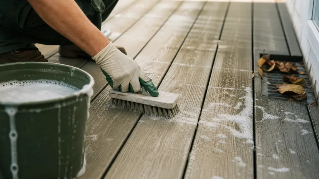 Nettoyer terrasse en composite : brosse douce, eau savonneuse, sans abîmer