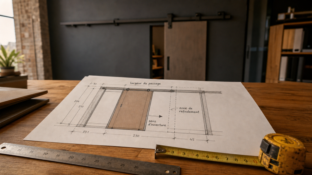 Plan porte coulissante : dimensions, galandage et zone de refoulement