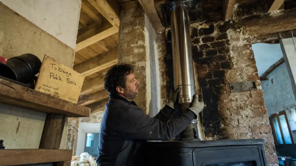 Poele a bois tubage : installateur ajuste un conduit inox