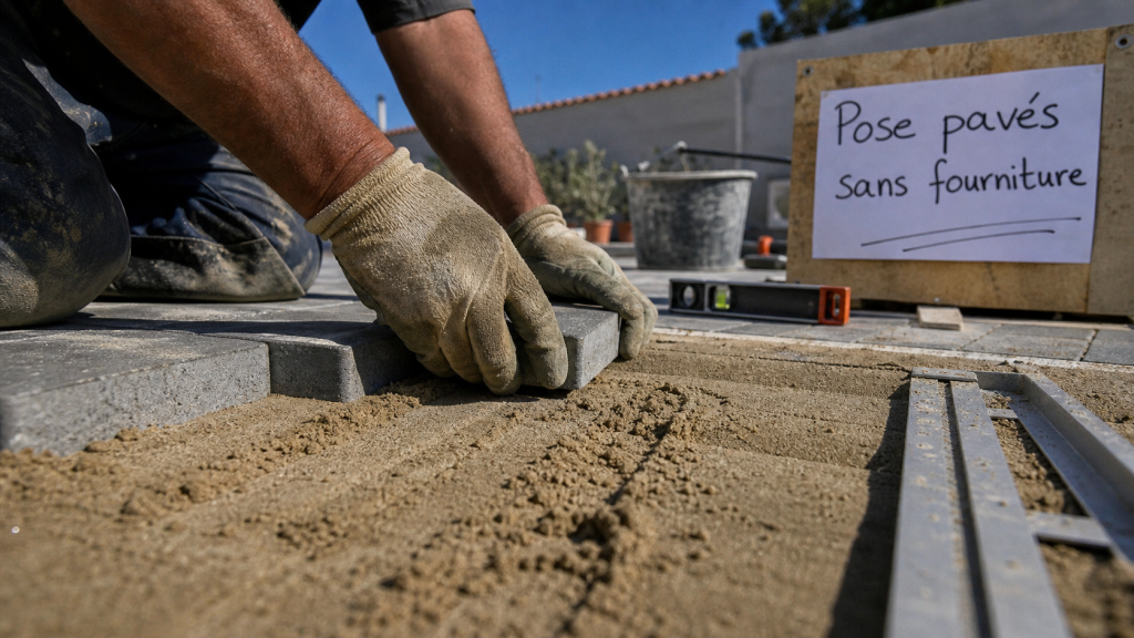 Prix pose pavé m2 sans fourniture : artisan pose pavés sur sable, joints et compactage