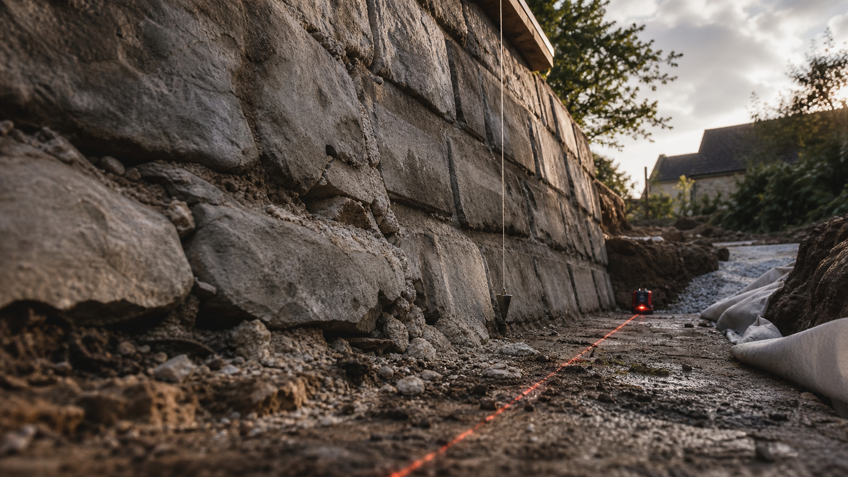 Renforcer un mur en pierre qui penche : mur fissuré, fil à plomb, diagnostic