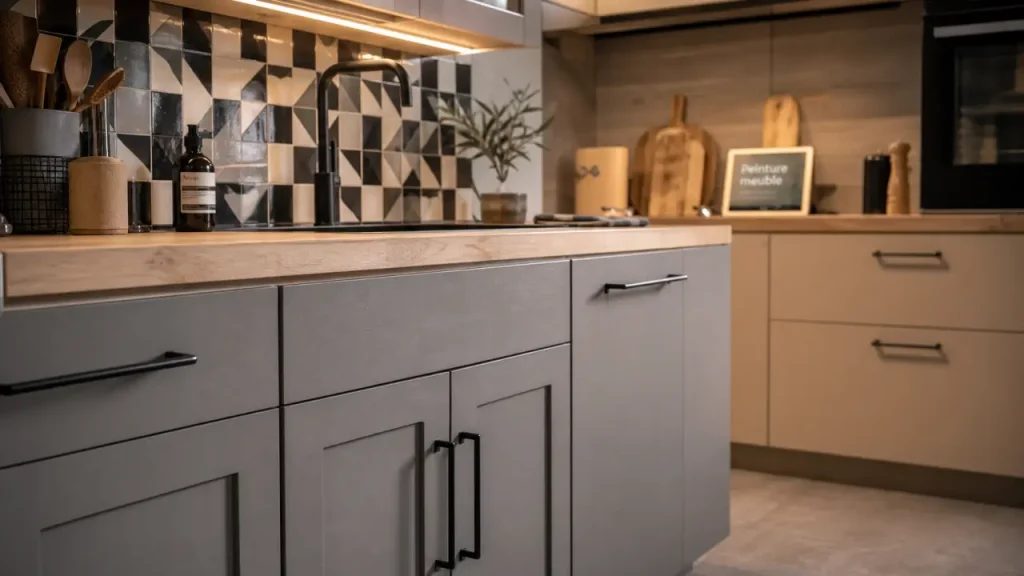 Rénover sa cuisine sans changer les meubles : façade gris mat, plan de travail bois et crédence