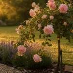 Rosiers tiges pleureurs en cascade, rosier tige en fleurs