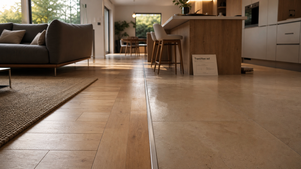 Jonction salon parquet cuisine carrelage avec profilé de transition fin