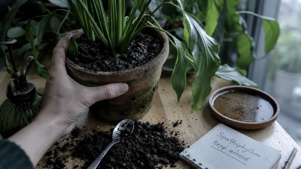 Spathiphyllum trop arrosé : feuilles molles, terre humide et eau stagnante