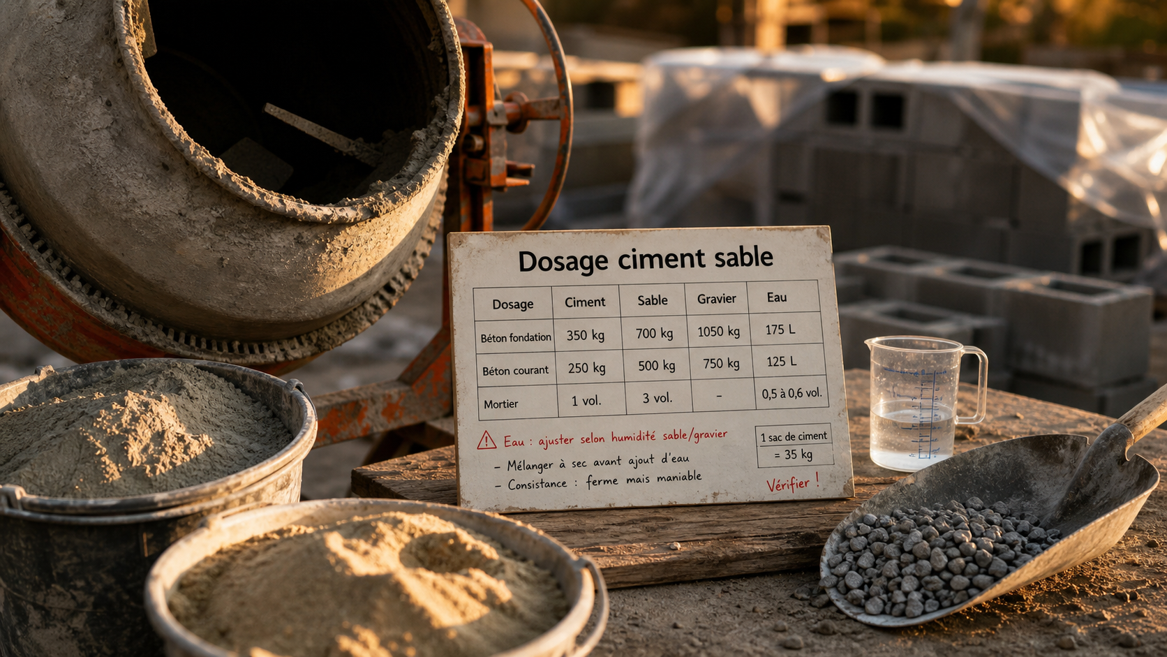 Tableau dosage ciment sable pour mortier : ciment et sable