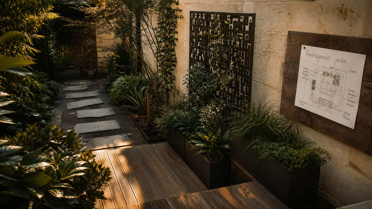 Aménagement jardin Bordeaux : terrasse bois, bacs et brise-vue en cour d’échoppe