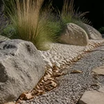 Aménagement paysager deco jardin avec grosses pierres : allée en gravier et massif zen
