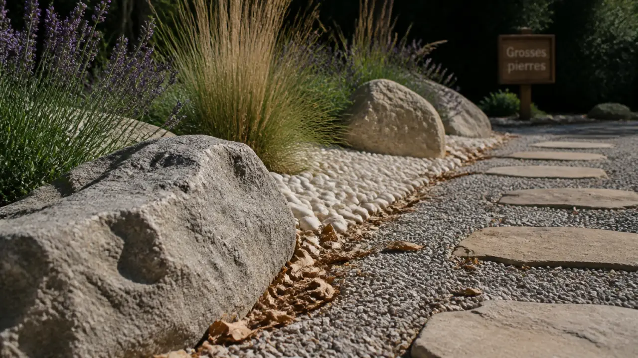 Aménagement paysager deco jardin avec grosses pierres : allée en gravier et massif zen