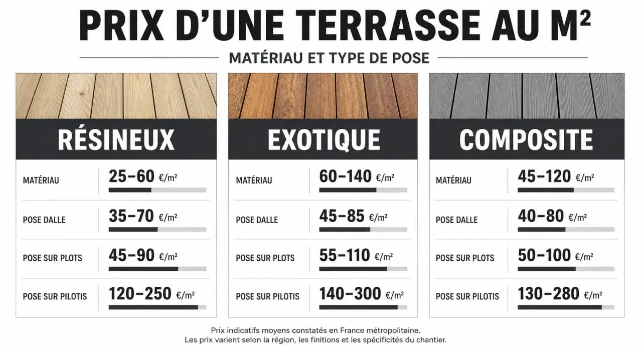 Devis terrasse bois : infographie des prix au m² selon matériau et type de pose