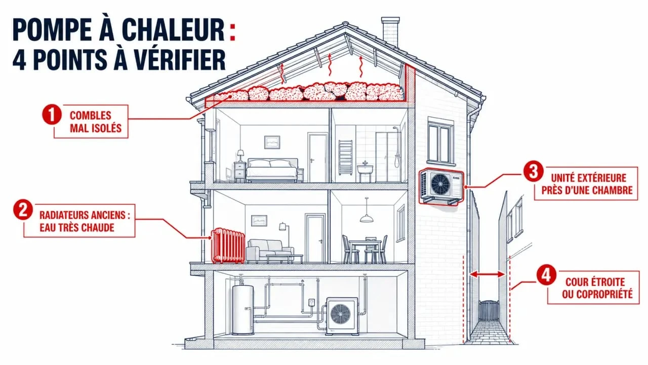 Pompe à chaleur déconseillée : visuel des situations à risque dans une maison mal isolée