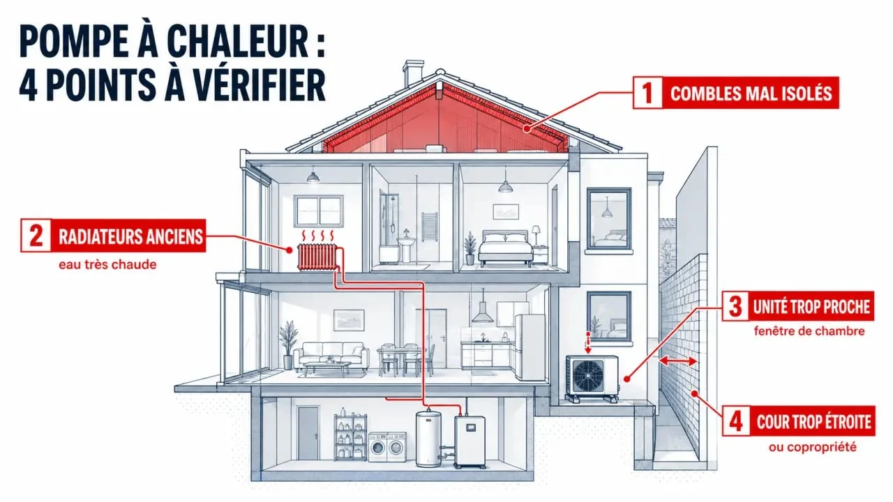 Pompe à chaleur déconseillée : visuel des situations à risque dans une maison mal isolée