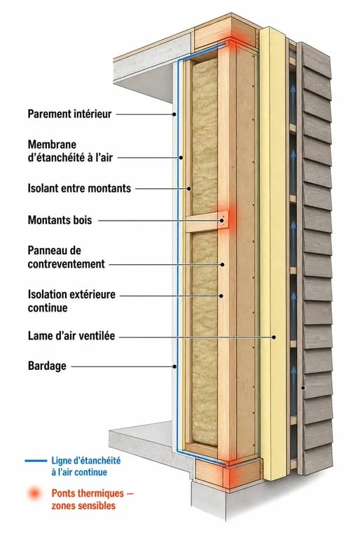 Isolation thermique du bois : schéma simplifié des couches d’un mur ossature bois et des ponts thermiques