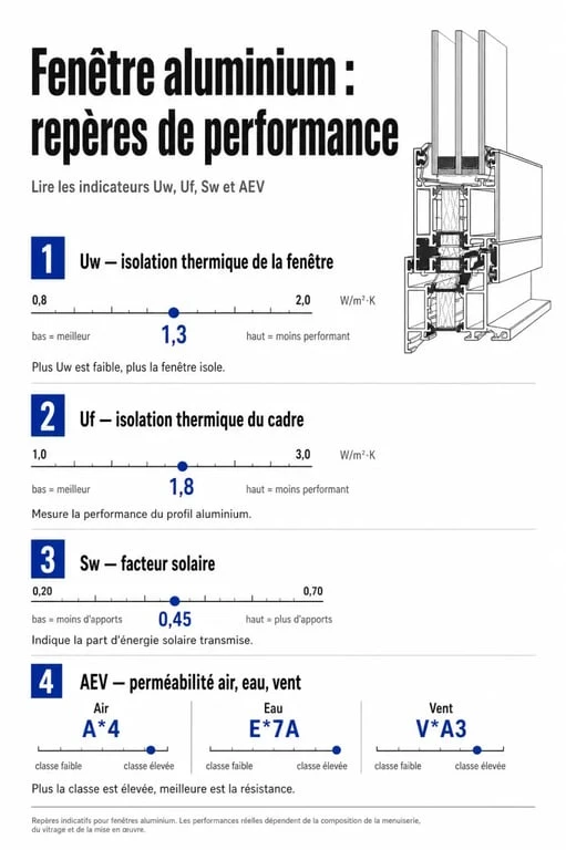 Comparatif des coefficients d’isolation thermique fenetre alu : Uw, Uf, Sw et AEV