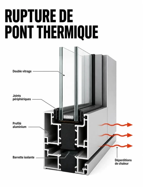Schéma de l’isolation thermique fenetre alu avec rupture de pont thermique, double vitrage et joints
