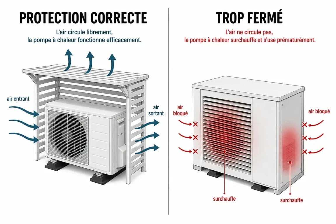Protection pompe à chaleur : comparaison entre un cache ajouré qui laisse circuler l’air et une protection trop fermée qui bloque le ventilateur