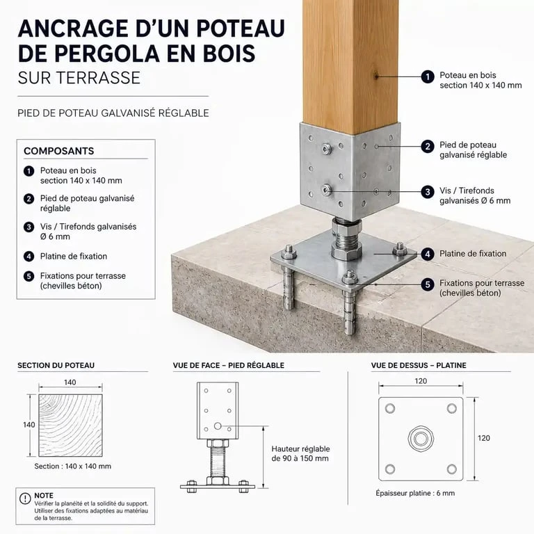 Schéma technique d'ancrage et de fixation pour pergola en bois sur terrasse