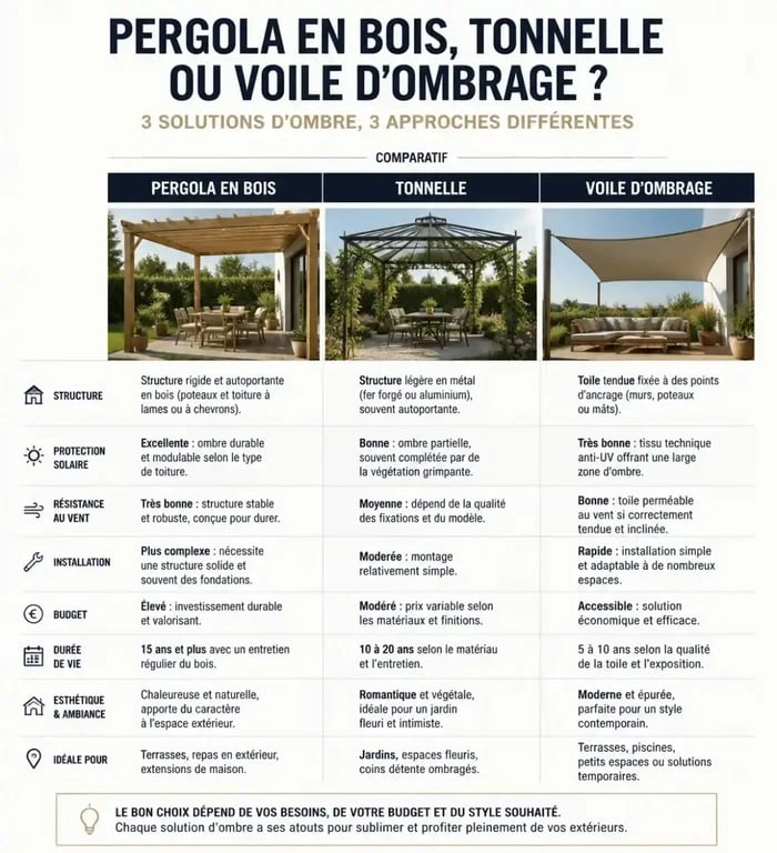 Tableau comparatif des solutions d'ombrage pour terrasse : pergola en bois, tonnelle et voile d'ombrage