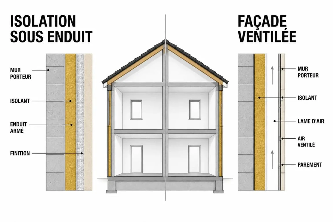 Isolation thermique murs exterieurs : coupe simplifiée d’une façade avec isolation sous enduit et façade ventilée