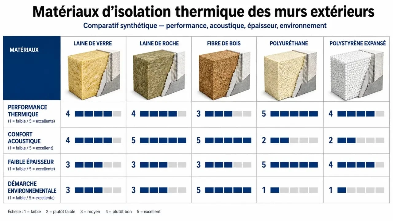 Isolation thermique murs exterieurs : comparatif visuel des matériaux selon performance, acoustique et épaisseur