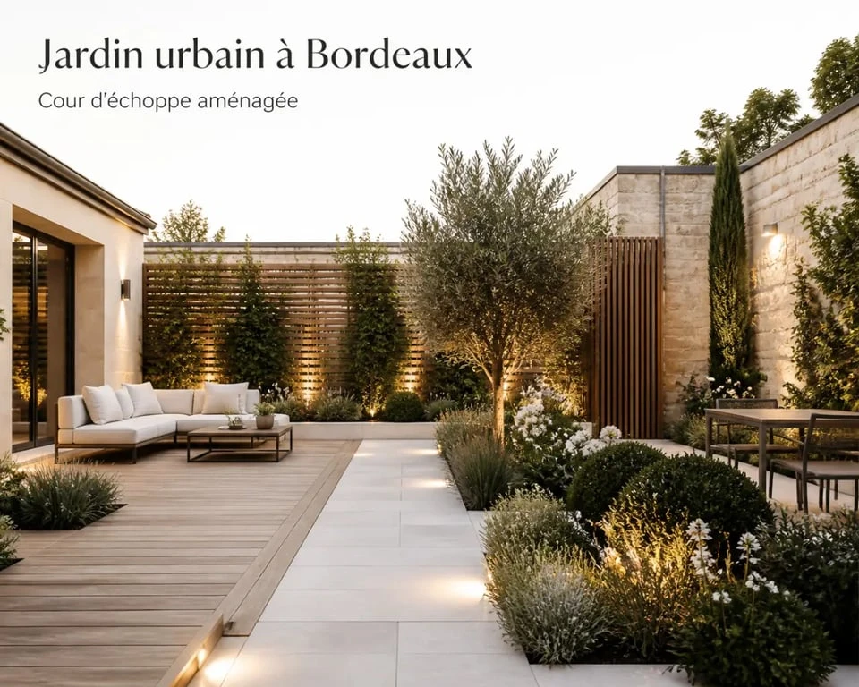 Aménagement jardin bordeaux dans une cour d’échoppe avec terrasse bois, massifs structurés et brise-vue ajouré