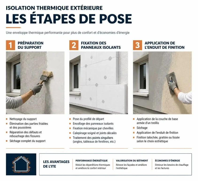 Étapes du chantier d'isolation thermique extérieure à Saint-Jory