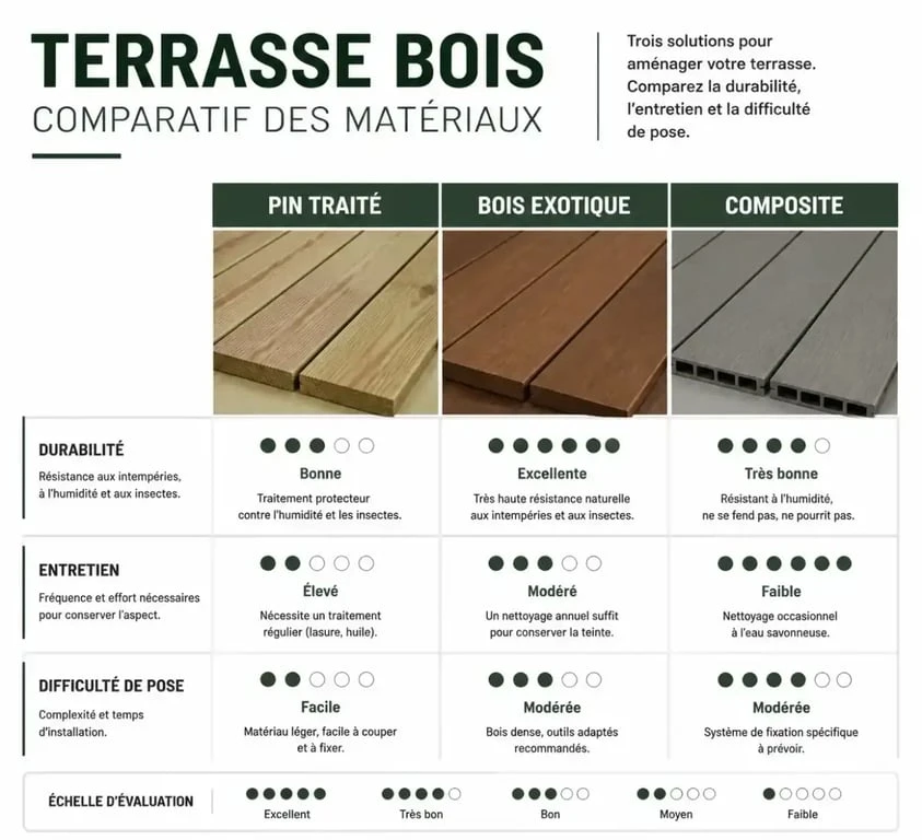 Comparatif des matériaux pour terrasse bois : pin, exotique et composite