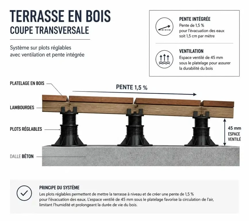 Schéma technique de la structure d'une terrasse bois avec ventilation et pente