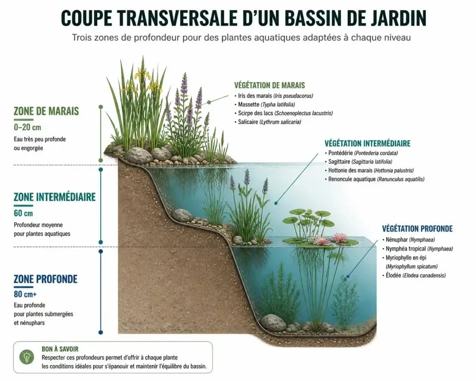 Schéma en coupe des zones de profondeur pour l'aménagement d'un bassin de jardin
