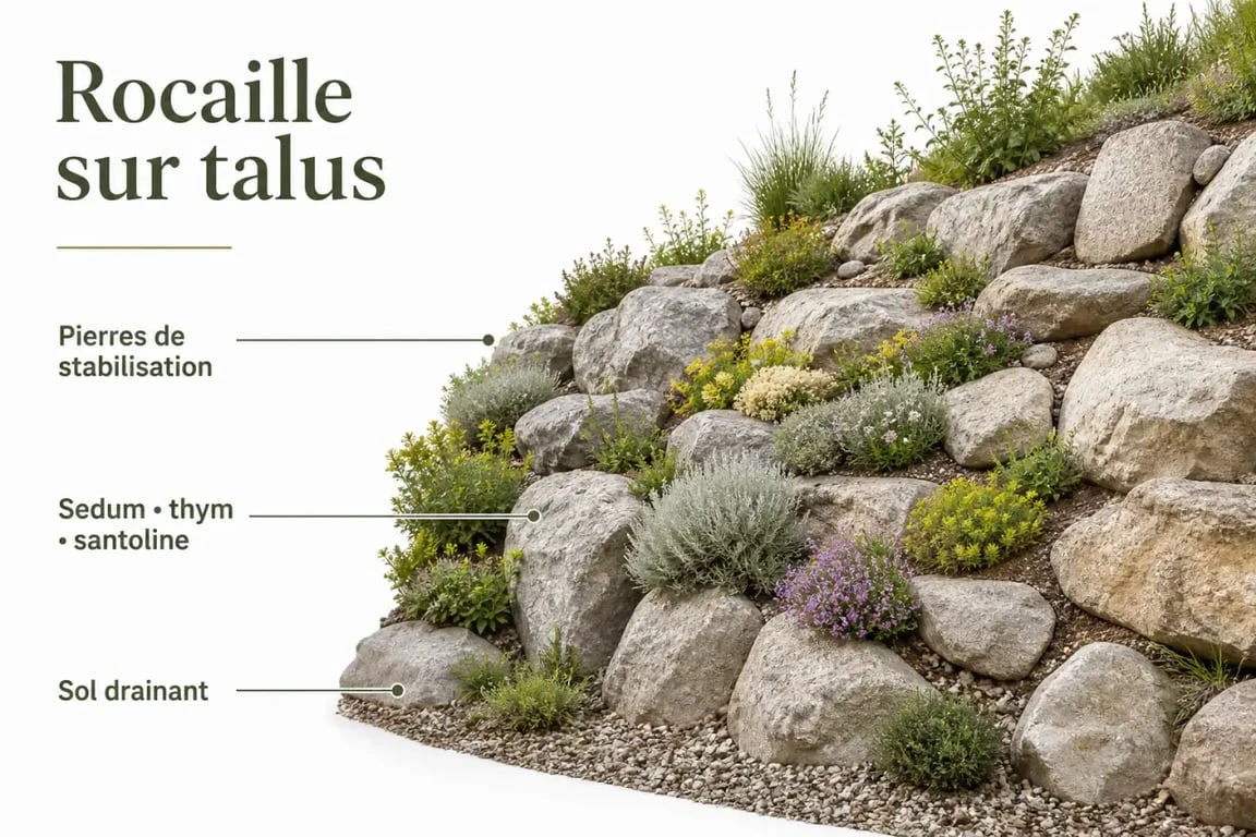 Aménagement paysager deco jardin avec grosses pierres sur talus en rocaille vivante