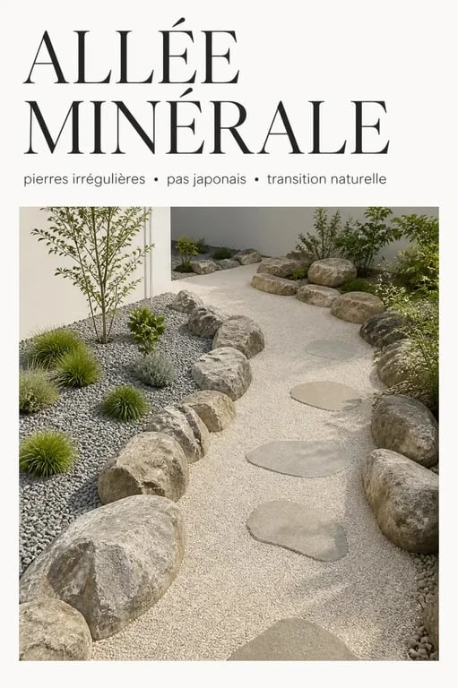 Aménagement paysager deco jardin avec grosses pierres pour border une allée et structurer un massif