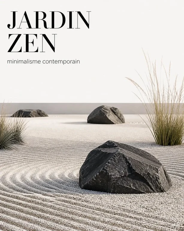 Aménagement paysager deco jardin avec grosses pierres en style zen avec galets et pierres isolées