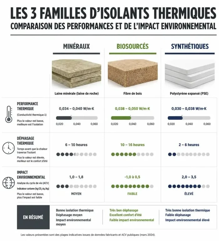 Tableau comparatif des isolants thermiques : minéraux, biosourcés et synthétiques pour votre projet d'isolation