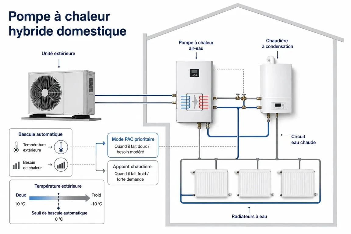 Schéma de pompe à chaleur hybride avec chaudière et radiateurs