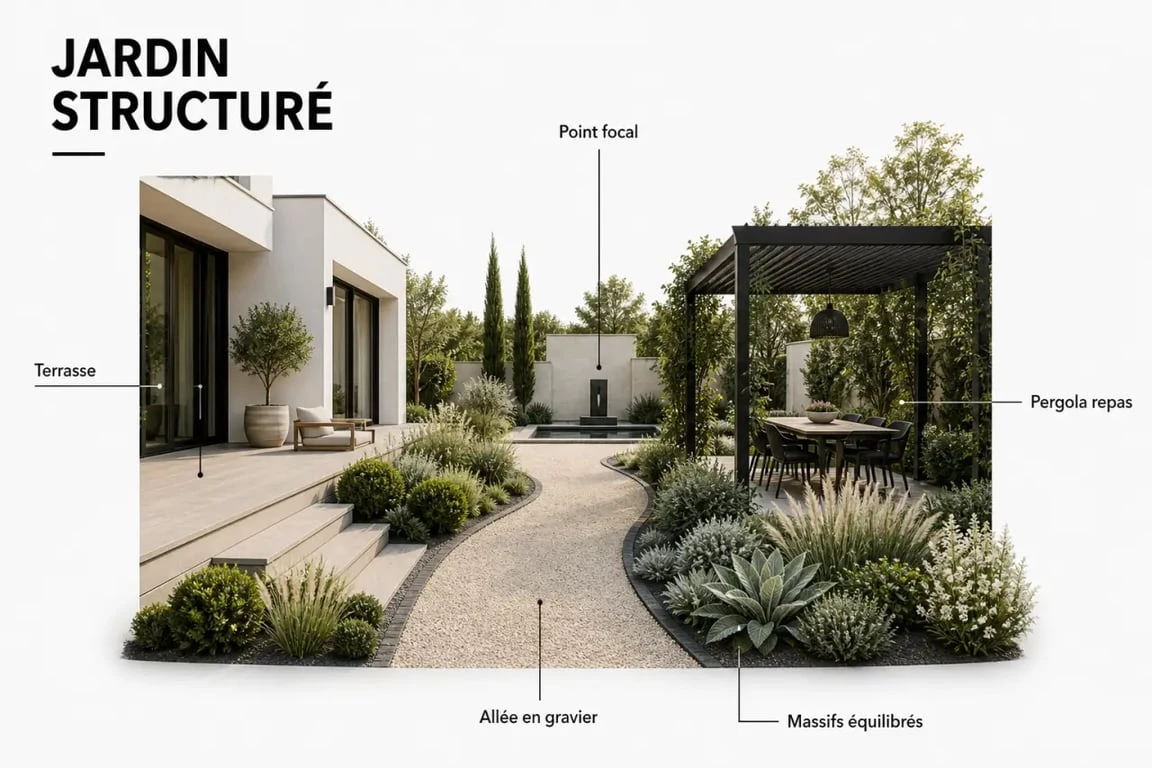 Aménagement du jardin photo d’un extérieur structuré avec terrasse, allée en gravier et massifs végétaux