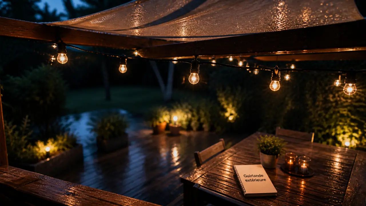 Guirlande lumineuse extérieur IP44 sous pergola, pluie, lumière blanc chaud