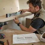 Recherche personne pour petit travaux maison : bricoleur pose une étagère, perceuse et niveau.