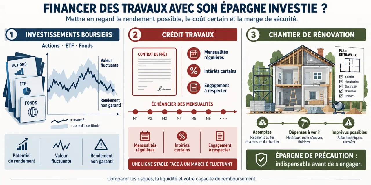 Infographie sur financer ses travaux de rénovation grâce à un investissement boursier, entre vente de placements, crédit et épargne de précaution