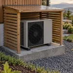 Abri pompe à chaleur : unité extérieure ventilée protégée, ouvertures visibles