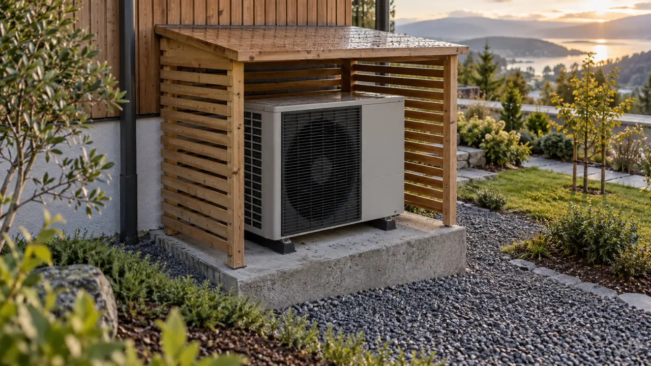 Abri pompe à chaleur : unité extérieure ventilée protégée, ouvertures visibles