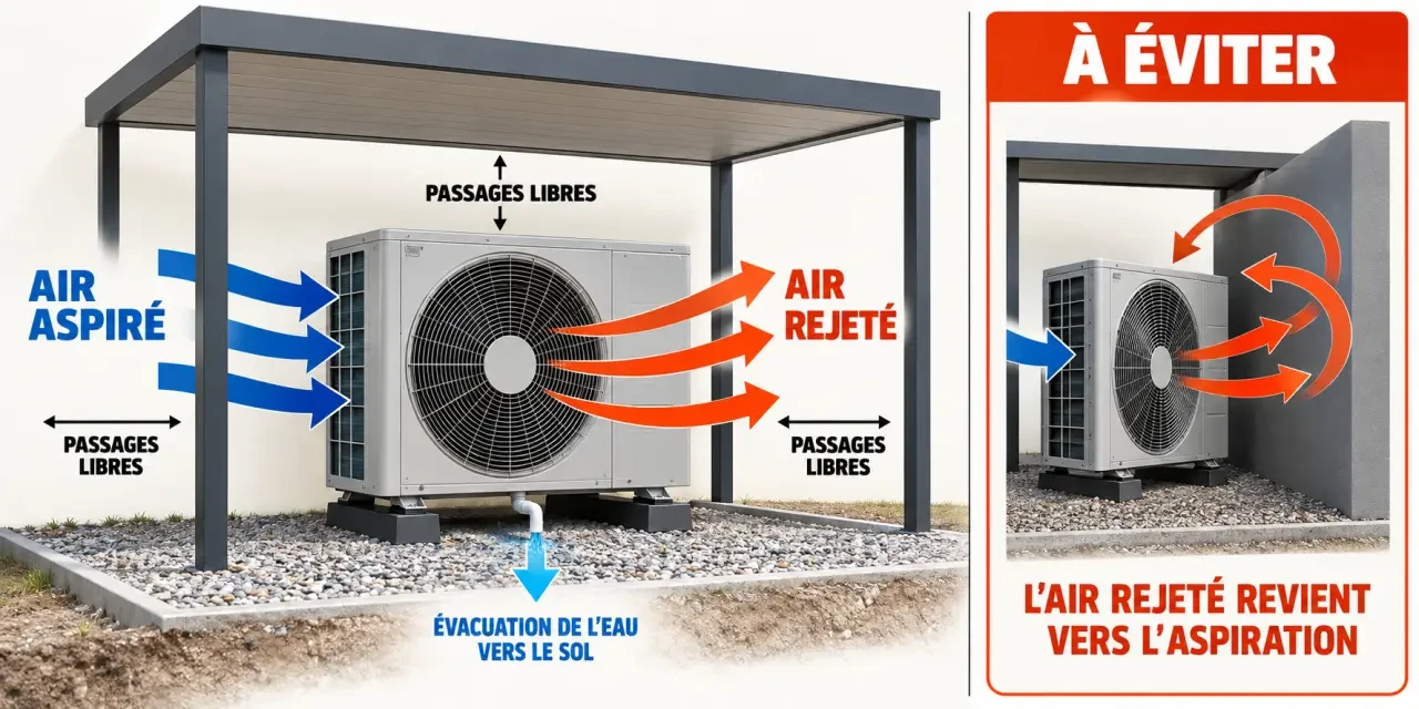 Schéma d’un abri pour pompe à chaleur montrant la circulation de l’air et l’évacuation de l’eau