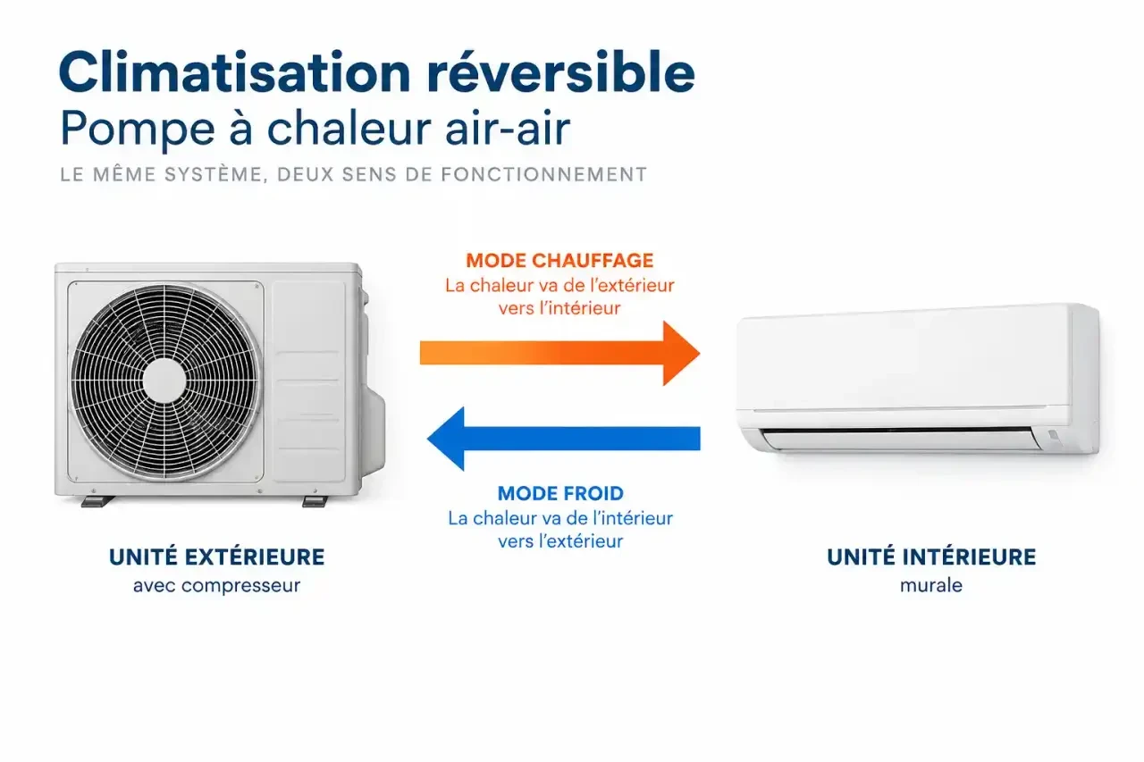 Schéma du fonctionnement d'une clim pompe à chaleur réversible entre unité extérieure et unité intérieure en modes chauffage et froid