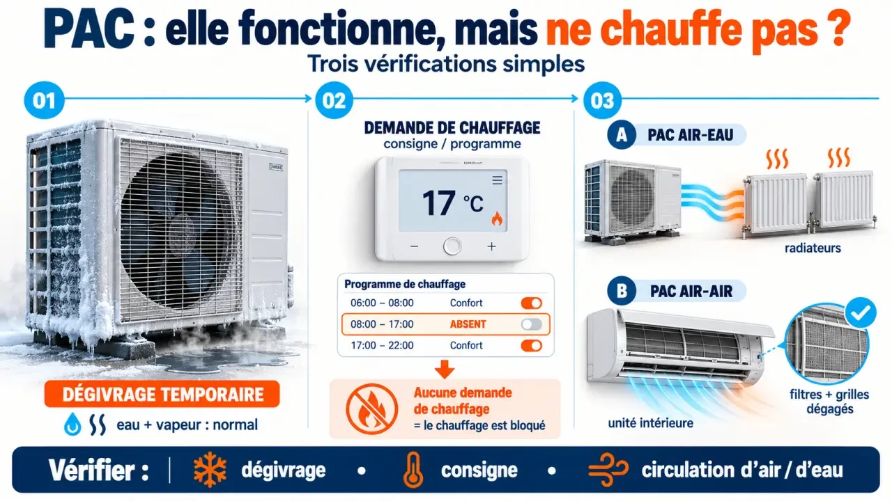 Schéma de diagnostic pour comprendre pourquoi ma pompe à chaleur tourne mais ne chauffe pas