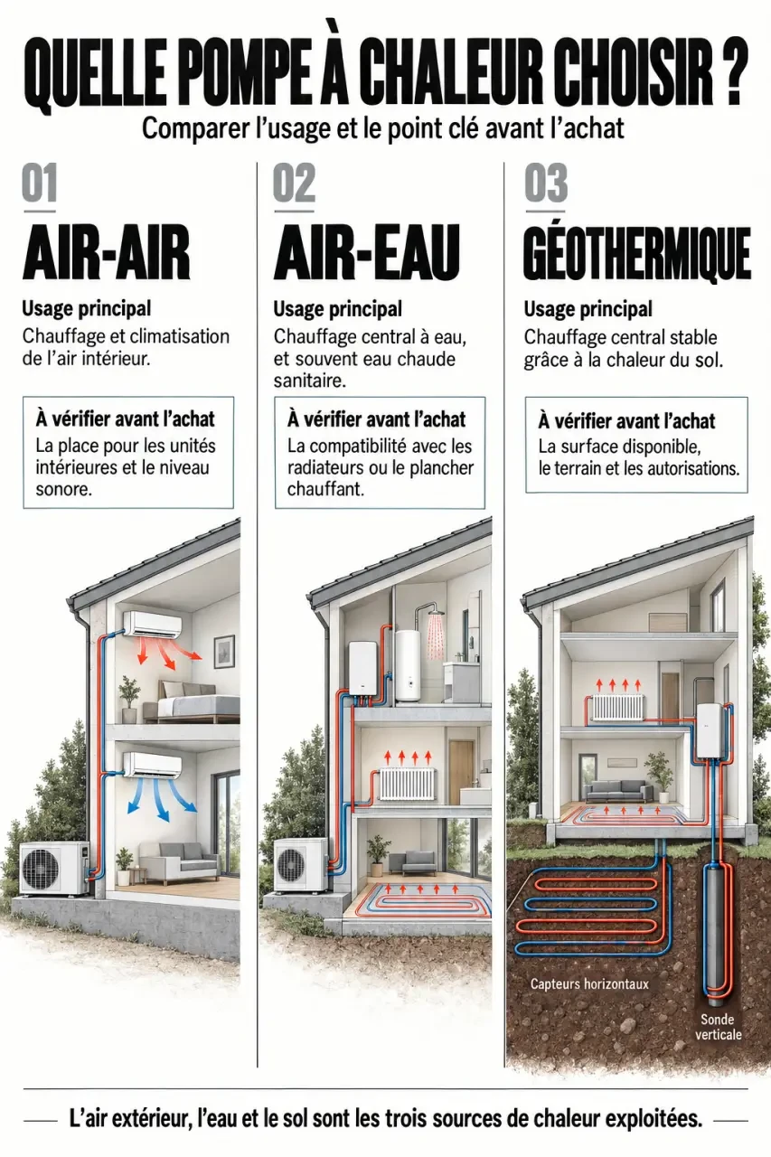 Achat pompe à chaleur : comparaison visuelle des solutions air-air, air-eau et géothermique